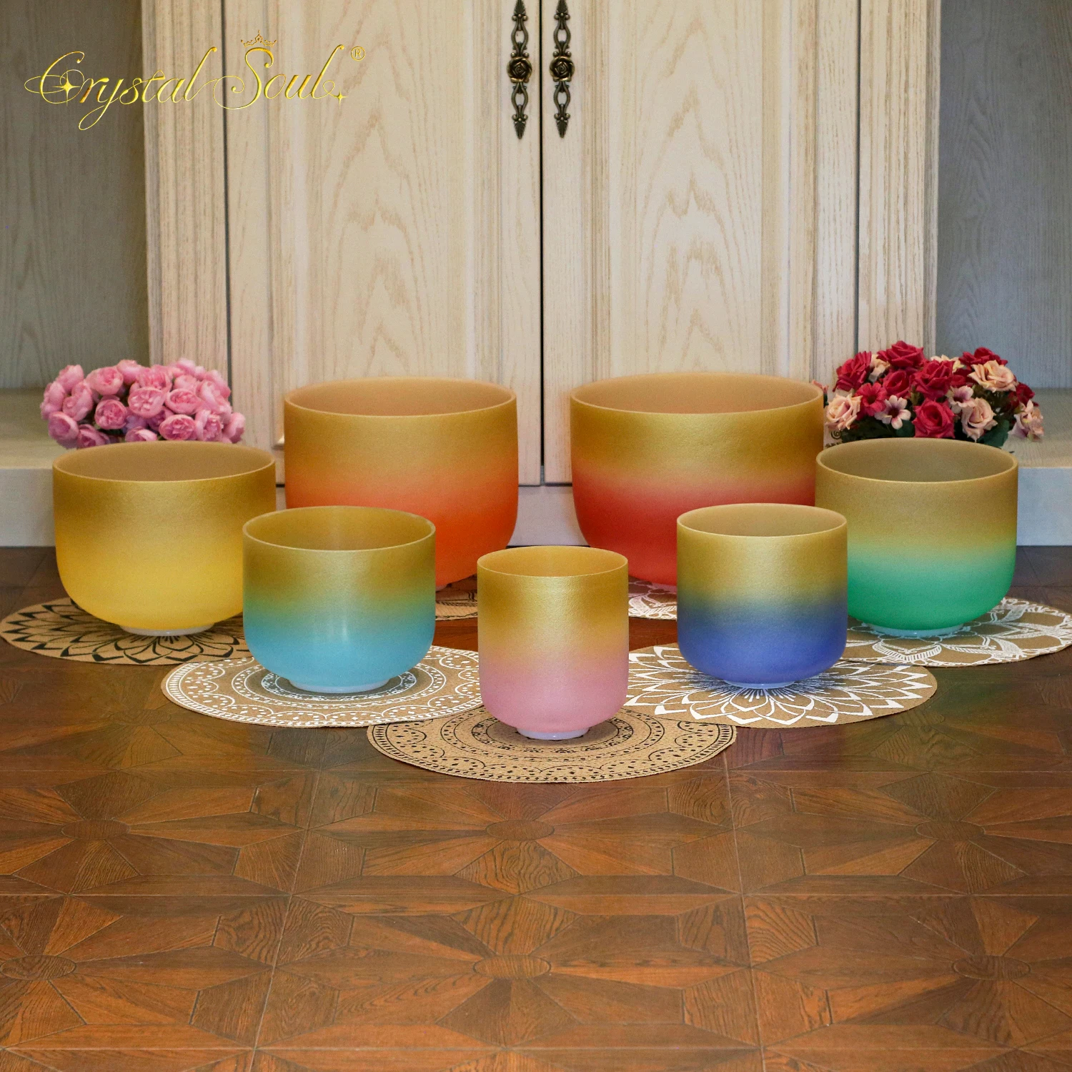 Crystal Soul Seven Chakra Gold Border Classic Color Frosted Crystal Singing Bowl Set