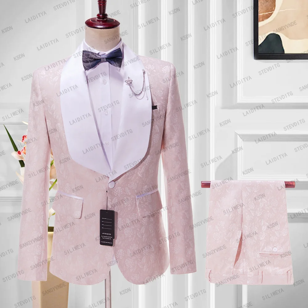 

2023 New High-end Men's Suits Pink Jacquard Tuxedos Custom Made 2-Piece Wedding Slim Fit Groomsmen Best Man Suit（Jacket+Pant）