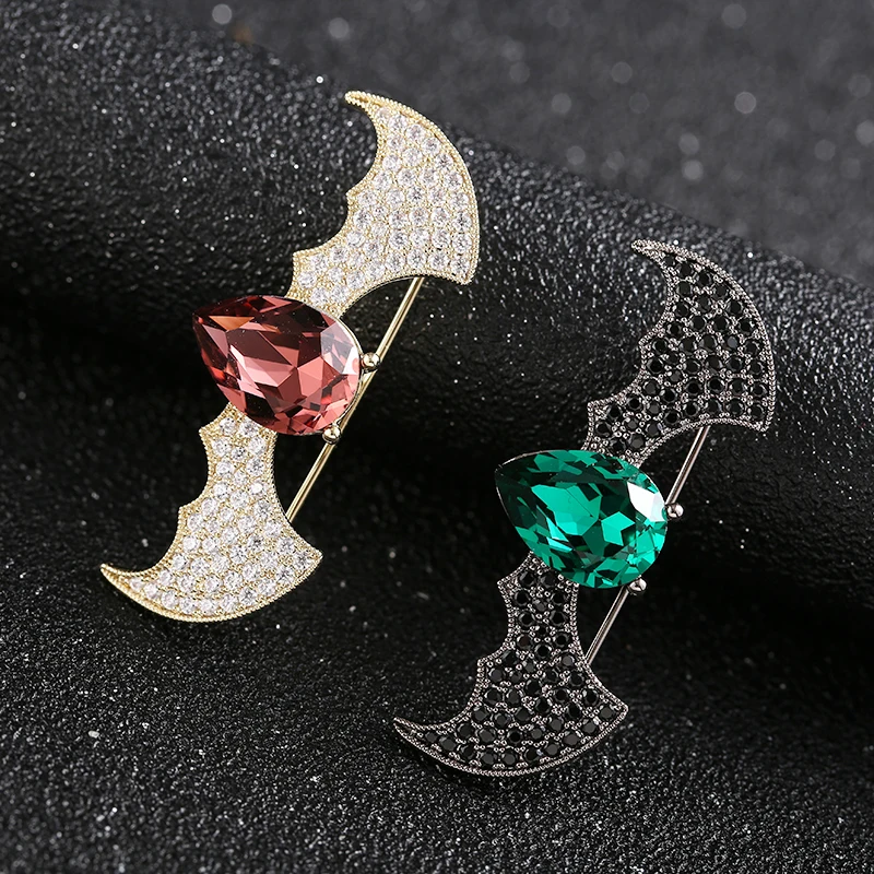 Cute Full Clear Black Zircon Bat Copper Brooches Glimmering Animal Brass Brooches For Rocker Women Dress Clothes Jewelry