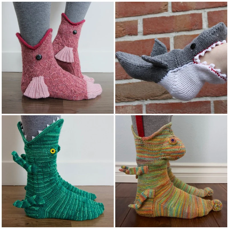 Sapatos de meia de tricô duplo para homens e mulheres, meias engraçadas, chinelos de inverno, manter aquecido, tubarão, peixe, padrão animal, Natal