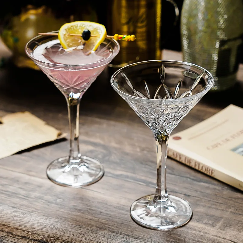 Elegant Crystal Engraved Wide Mouth Champagne Cocktail Glass Triangular Stemware