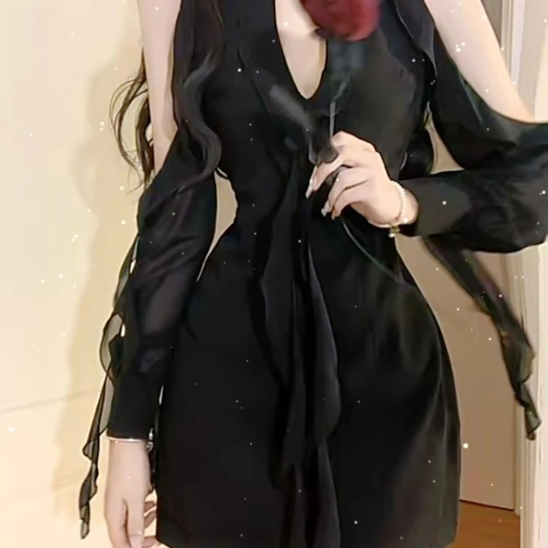 

Deeptown Black Sexy Chiffon Dress Women Elegant Ruffle Mesh Mini One-piece Dress Fairycore Sweet Luxury Bodycon Korean Style
