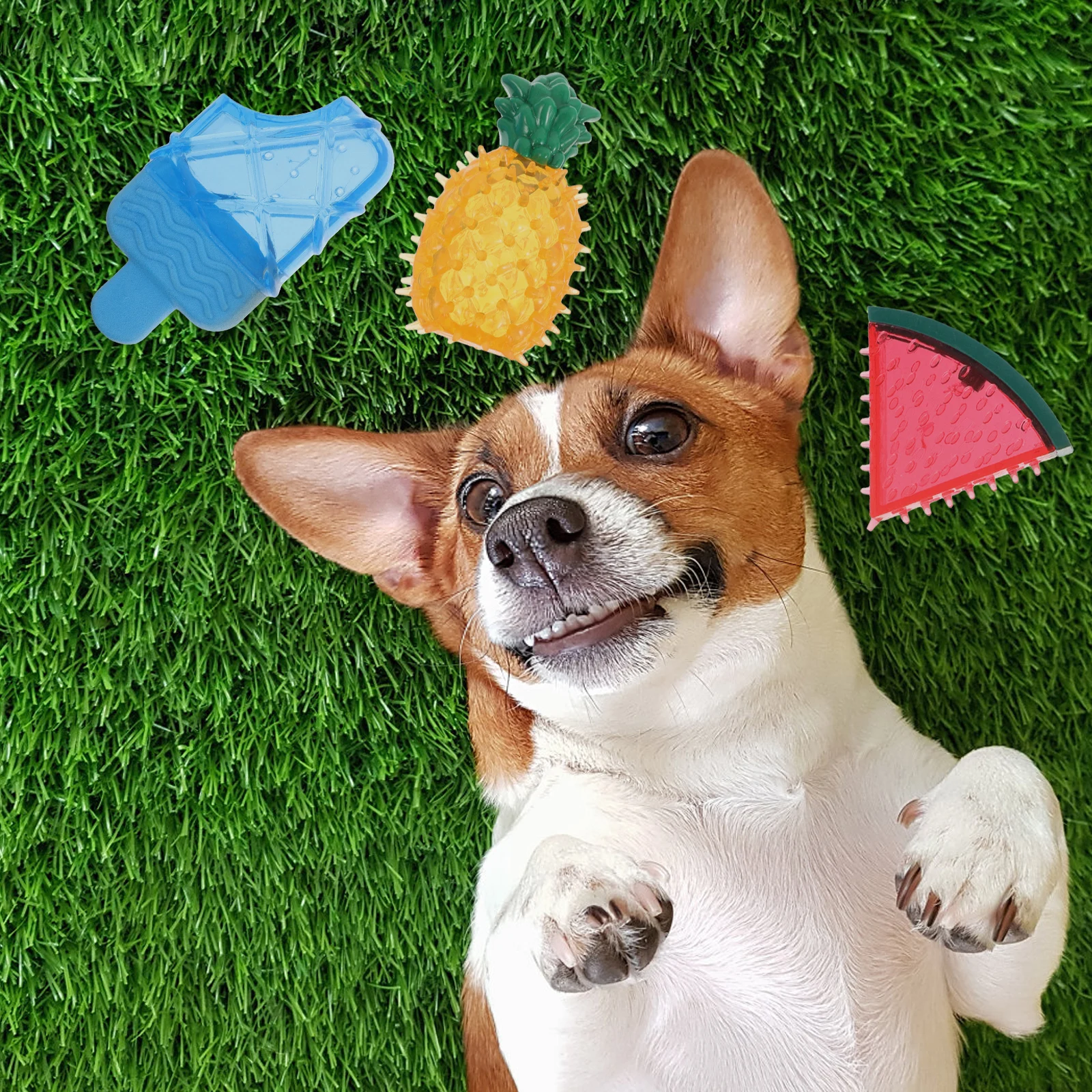 

3pcs Dog Chew Durable Tpr Freezable Cooling Squeaky Teething For Puppies Pineapple Watermelon Medium Small Pet Treat Training