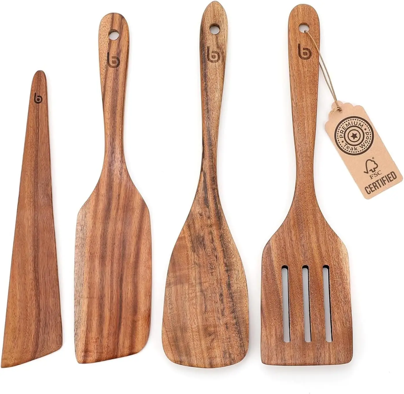 

4-Piece Teak Wood Spurtle Utensil Set – Premium Natural Wooden Cooking Tools for Nonstick Cookware, Stirring & Serving