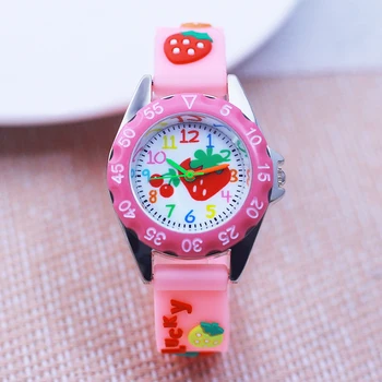 Nova moda muito bonito rosa meninas crianças relógios 3d dos desenhos animados morango rosto e cinta crianças pequenas bebês presentes de aniversário relógio