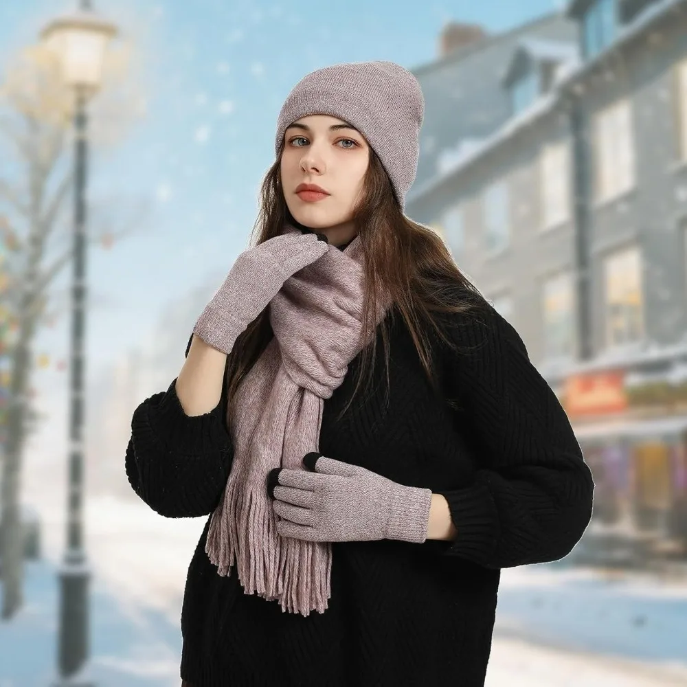 الشتاء الدافئة قبعة صغيرة قفازات لمس طقم وشاح طويل للنساء مع عقال، قبعة متماسكة الأوشحة مع شرابة للنساء