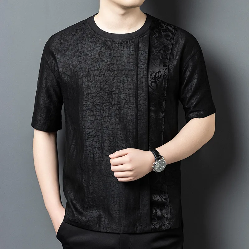 

Real Silk Men's Summer Gambiered Guangdong Crack Short Sleeve T-shirt Top Middle-Aged Loose Casual round Neck Half Shirt Men