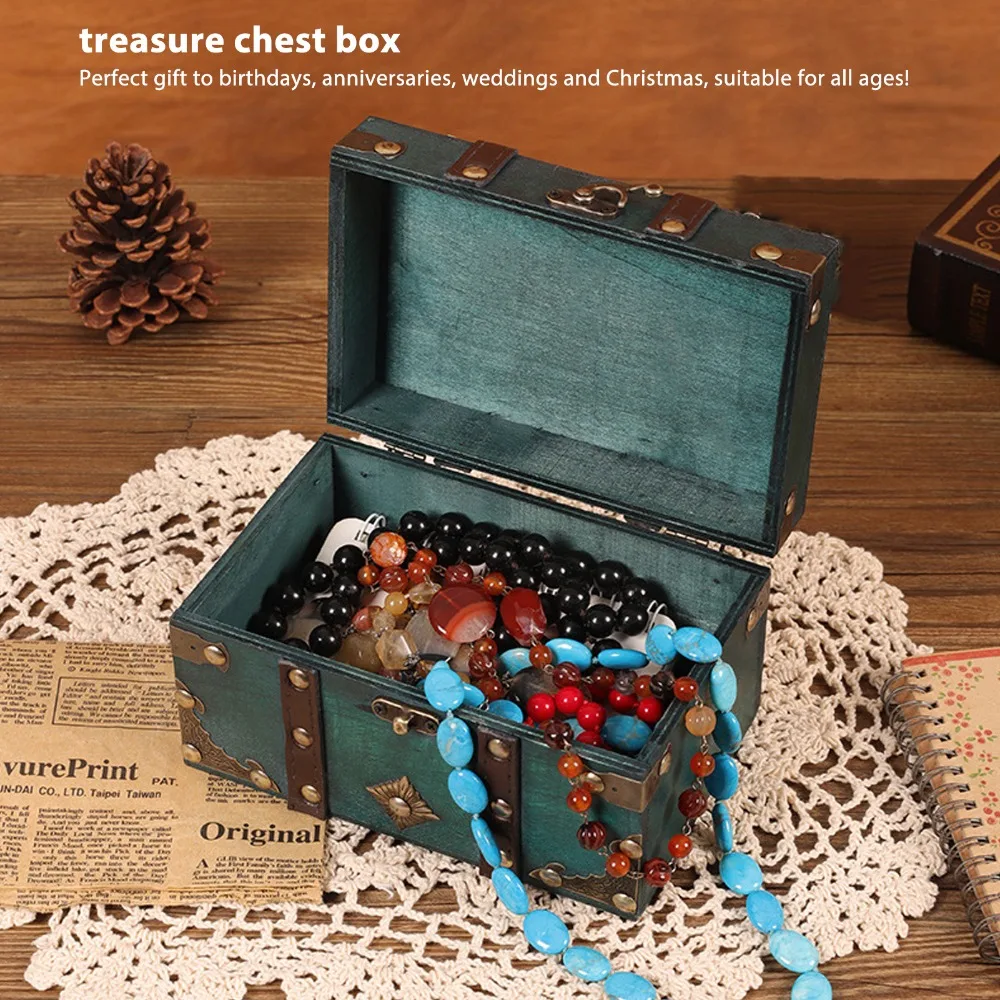 Wood Treasure Chest Storage Box Hinged Lid Large Antique Storage Trunk Metal Clasp Decorative Storage Box For Office Decor