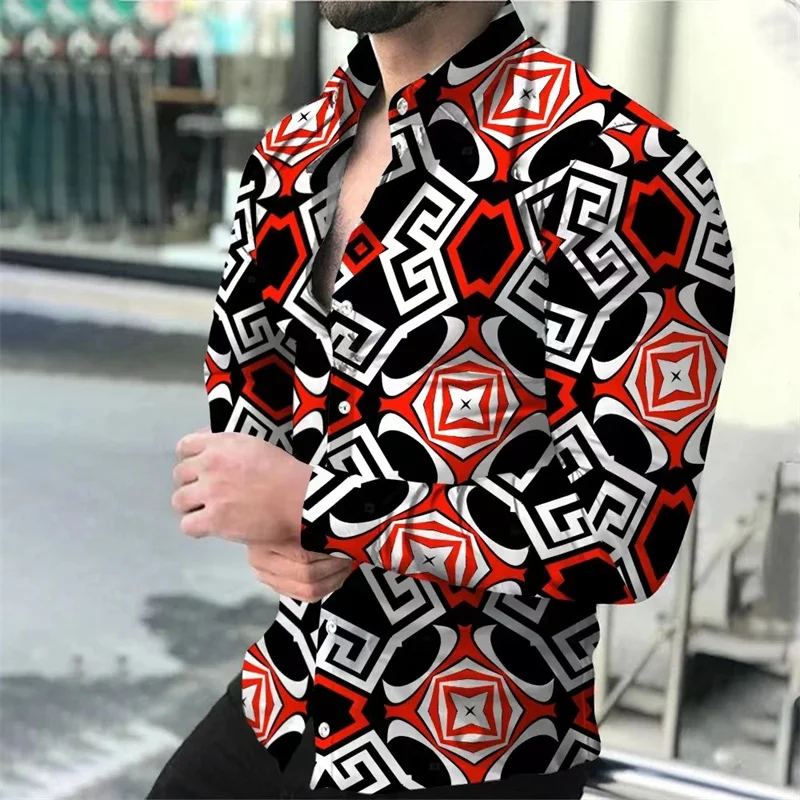 Spring Summer Shirt Men\'s Fashion Novelty Lapel Long Sleeve Colorful Circle Chain Top Casual Soft Comfortable Plus Size 2023