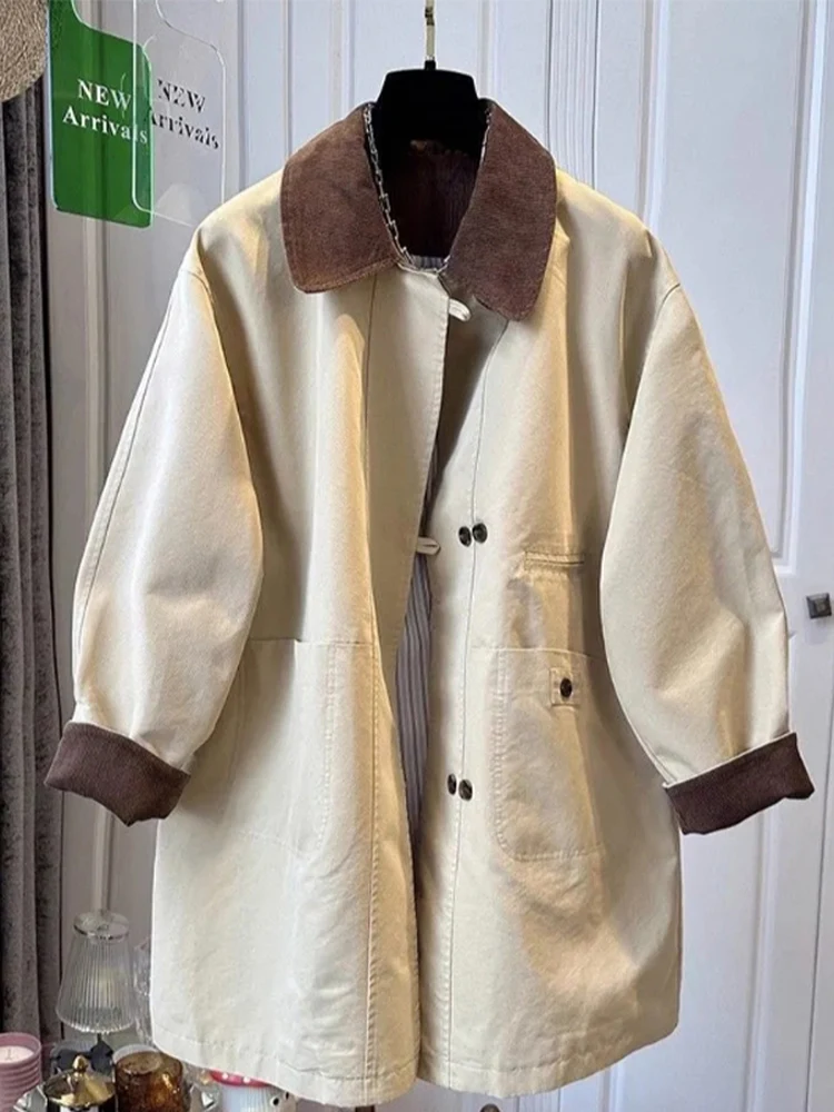 

Женское пальто цвета хаки в стиле ретро, куртка с отложным воротником, контрастного цвета, оверсайз, осень-зима, новый дизайн, маленький размер