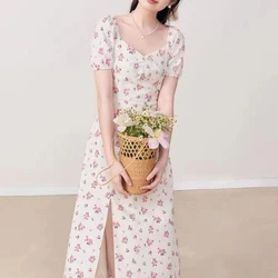 Women's Summer Fashion Ruched Floral Print Bow Sweet Elegant Party Dresses Sexy Split Square Collar Short Sleeve Slim Midi Dress