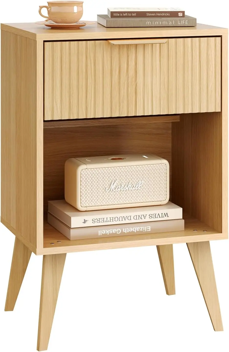 

Прикроватная тумбочка с рифленой отделкой и выдвижным ящиком для хранения, прикроватный столик в стиле середины века с выдвижным ящиком, деревянная тумбочка для гостиной и спальни