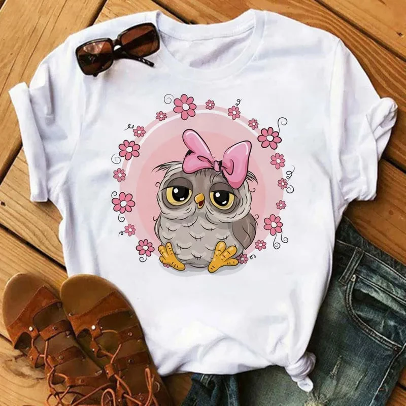 Camiseta con estampado de búho de dibujos animados para niñas pequeñas, camisa bonita con cuello redondo, Harajuku, manga corta, ropa superior