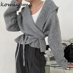 Lace-up Tunic Women 2024 Cardigans Femme Hooded Ropa Mujer Long Sleeve Sweaters Korean Chic Tops Lazy Style Womans Clothing