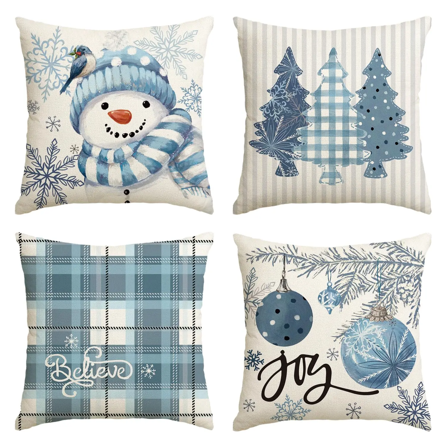 

Snowman Joy Snowflake Christmas Throw Pillow Cover,Xmas Tree Winter Holiday Buffalo Plaid Cushion Case Decor for Couch Set of 4