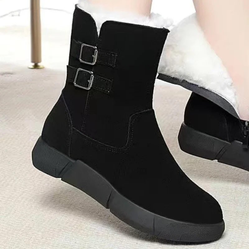 Female Shoes on Sale 2023 Zipper Women\'s Boots Winter Round Toe Solid Flock Plush Warm Short Barrel Low-heeled Casual Snow Boots