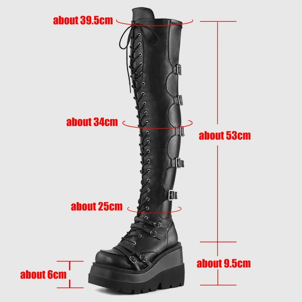 Women\'s Thigh High Boots Black Punk Gothic Woman Sexy Long Boots Large Size Women Platform Shoes Leather Knight Boots Wedges