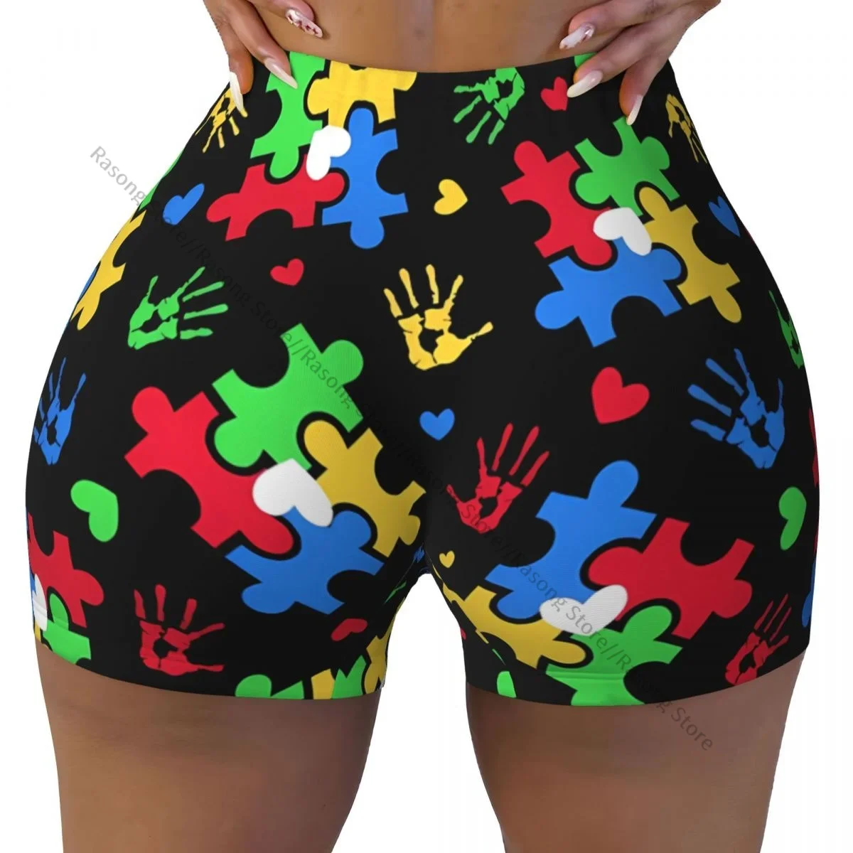 Push Up Short Elasticity Scrunch Butt Autism Awareness Colorful Puzzle Piece Running Yoga Shorts Womens Clothes Gym