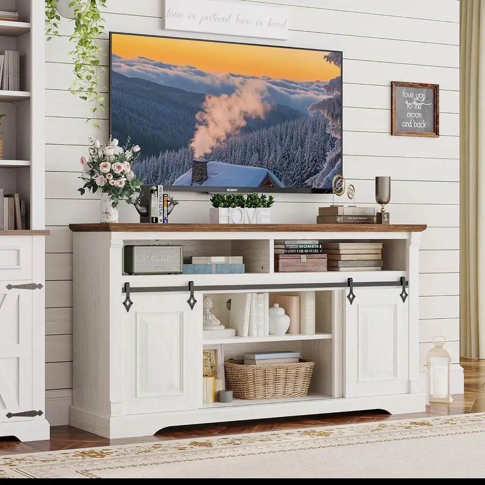

65+ Inch TV Stand with Sliding Barn Door Storage Cabinet for Living Room, White