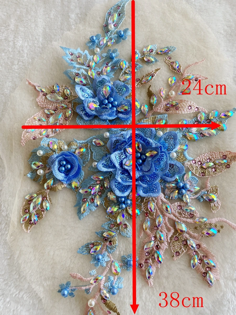 

Luxury Bridal Embellishment Patches Formal Trimming Dress Accessories Beaded Pearl Rhinestone 3D Floral Lace Tulle Appliqued