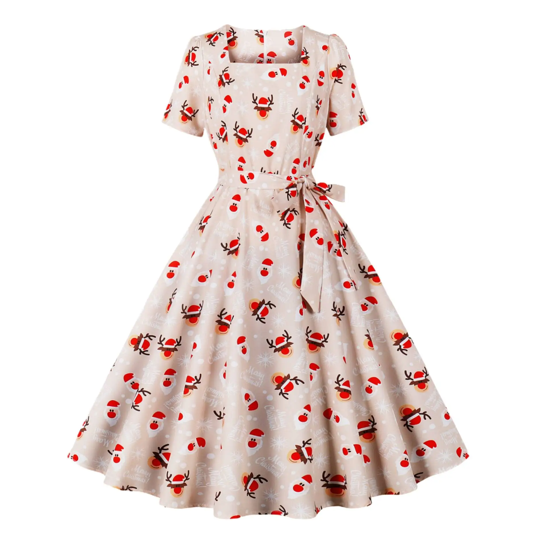 

Trend Elegant Christmas Party Dresses Women Print Square Collar Short Sleeves Bowknot Leace-up A-line Dress Female New Vestidos