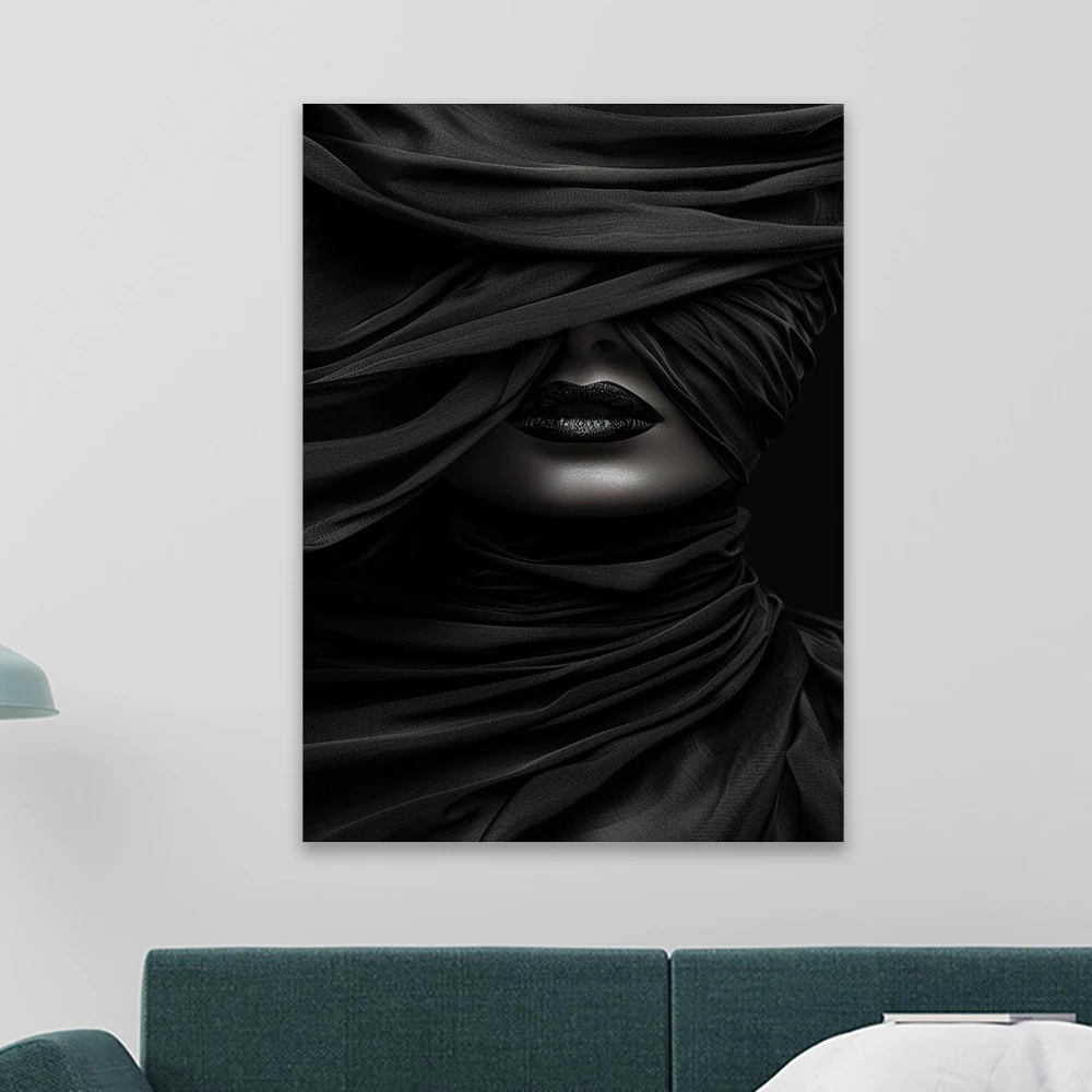 غامض الحجاب الأسود صورة قماش اللوحة مجردة امرأة الوجه الفن يطبع الظلام بريق جدار ديكور مودي أحادية اللون ملصق