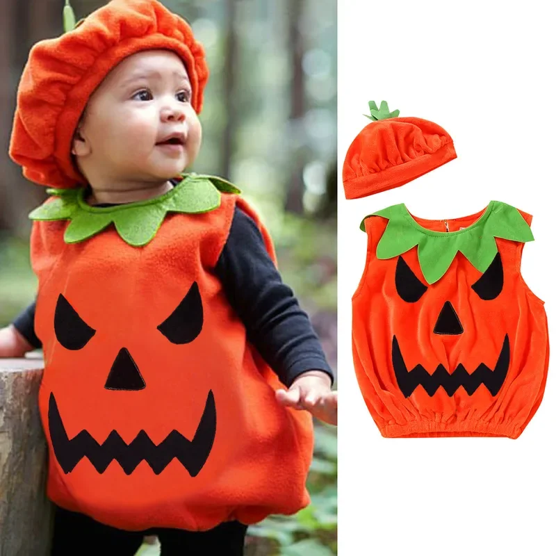 costume kids pumpkin romper with hat Boys Girls cosplay one-piece infant summer casual Halloween jumpsuit 0-5 years 2024