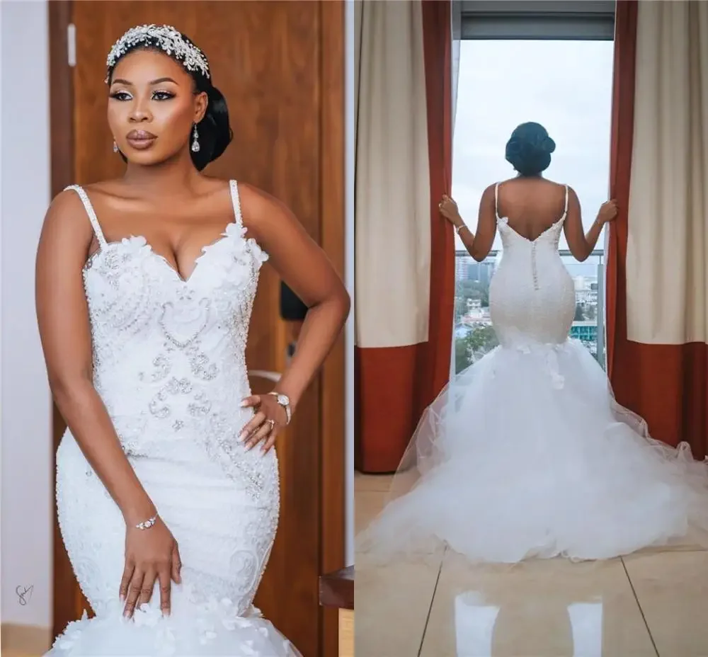 

Customized Luxury Spaghetti Mermaid Sweetheart Tulle Beaded Wedding Dress Custom Made Bridal Bride Gown