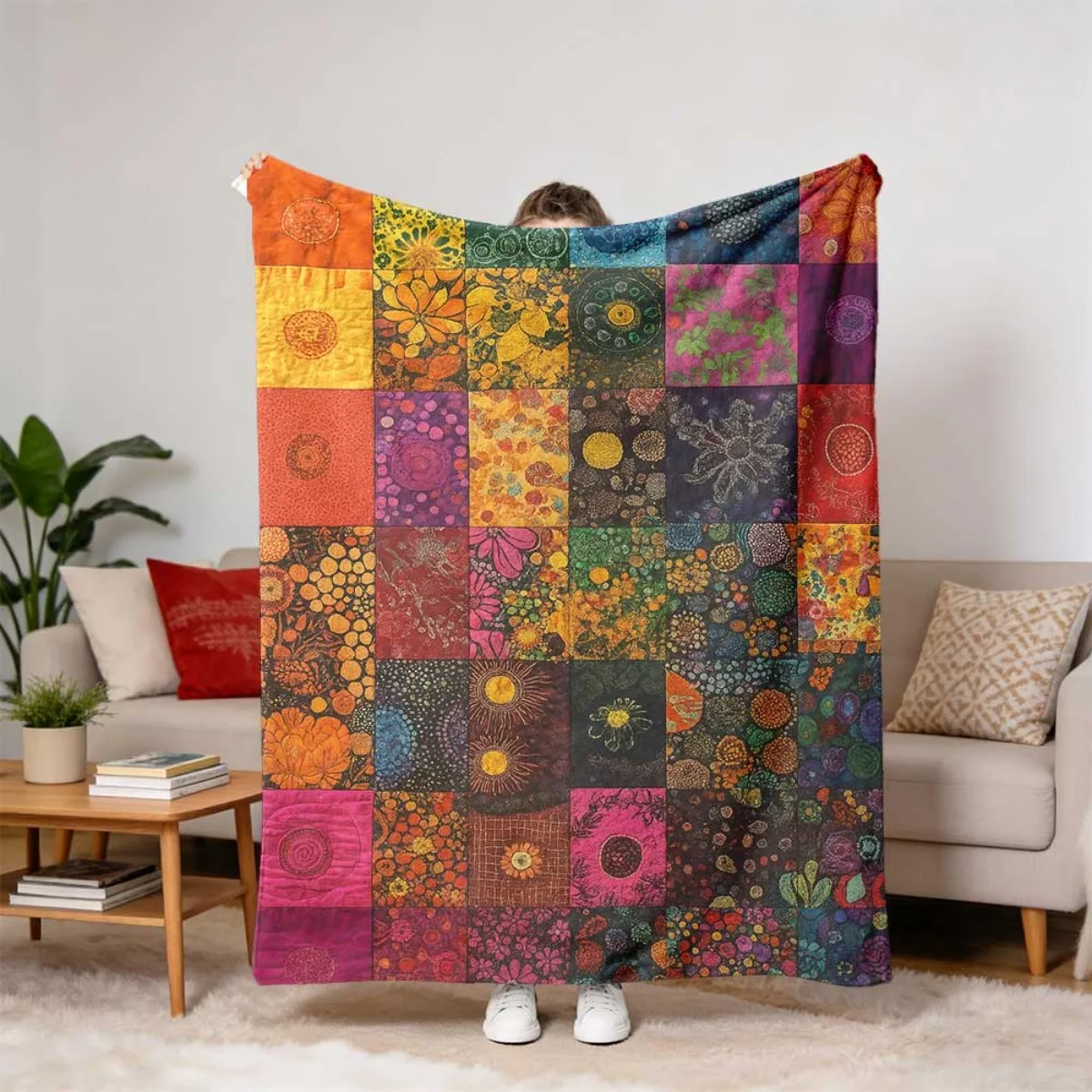 Vibrant Boho Patchwork Throw Blanket, Colorful Mandala Floral Square Art Print Cozy Flannel Blanket for Bedroom Sofa Home Decor