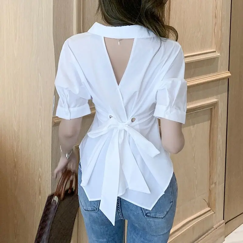 2024 New Fashion Ladies Chiffon Blouse New Turn Down Collar Solid Backless Shirt Summer Short Sleeve Tops Bottoming Shirt Q163