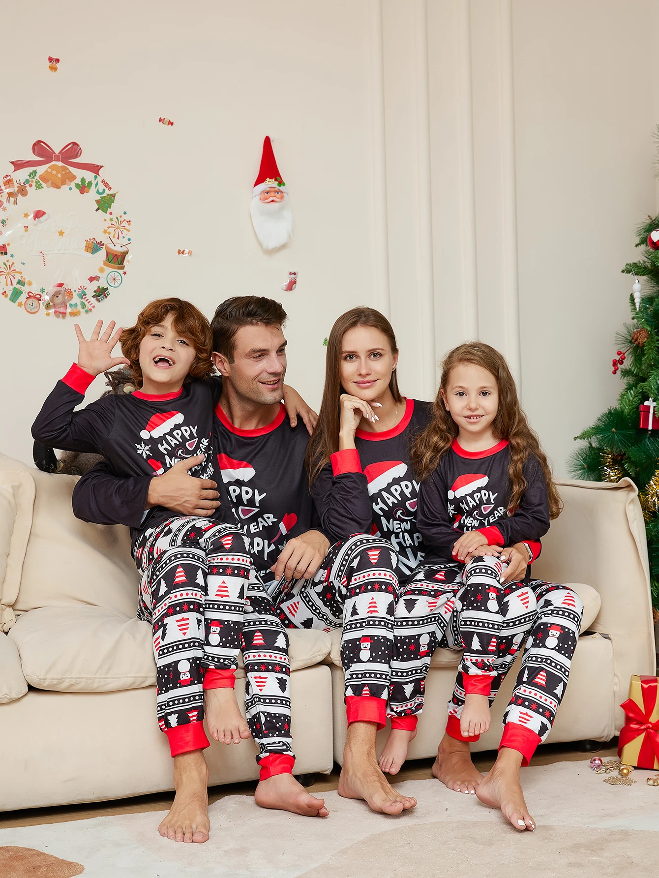 

Cozy Holiday Family Pajamas - Black & Red, "HAPPY NEW YEAR" Style & Festive Wishes