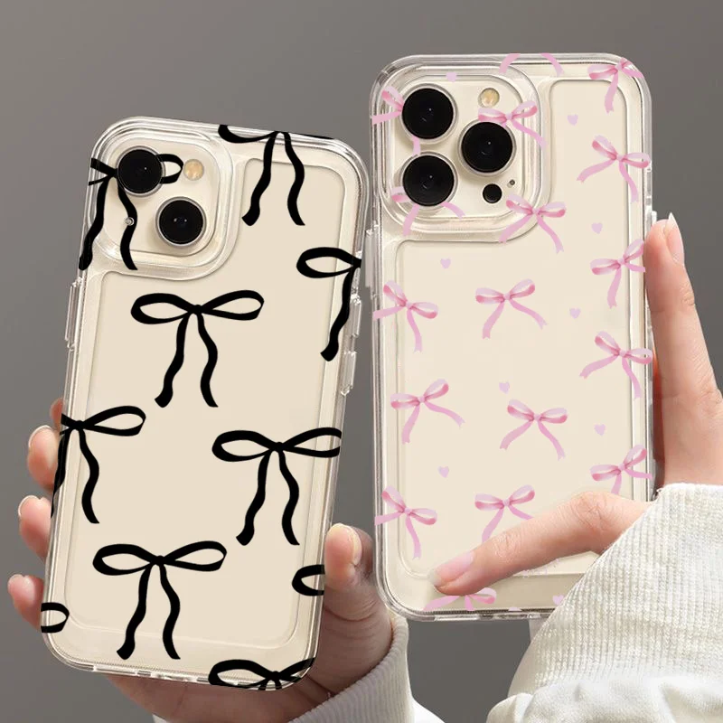 

Корейский милый чехол из ТПУ с розовым бантом для iPhone 16 16E 15 14 13 12 11 Pro Max XR Max 7 8 16 Plus SE2, противоударный прозрачный чехол