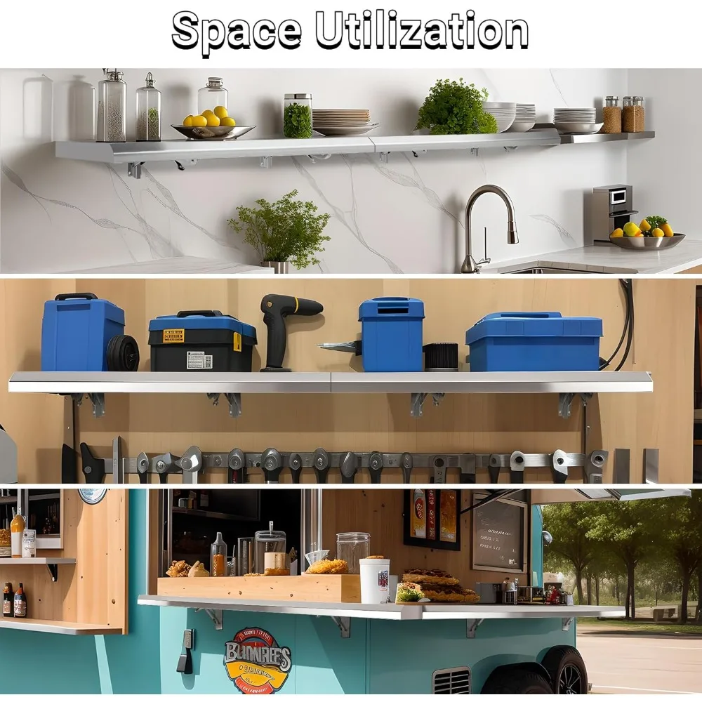 48 Inch by 12 Inch Stainless Steel Folding Concession Shelf for Food Serving at Drop Down Windows