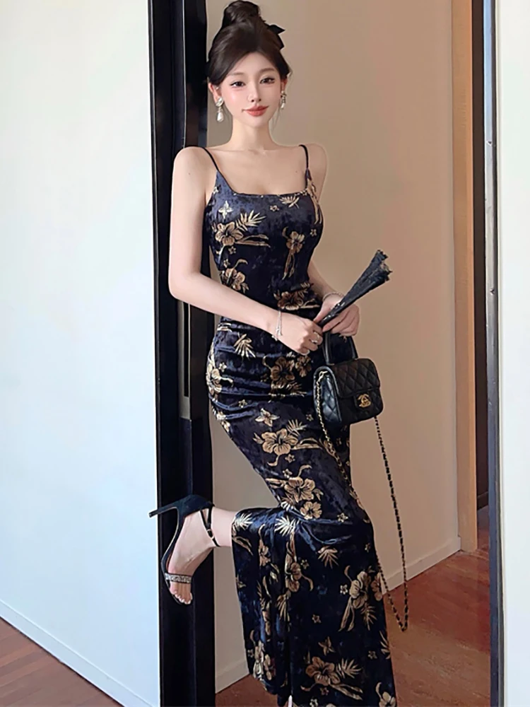الربيع الصيف الأسود الأزهار الساتان الفاخرة حبال فستان طويل المرأة الكورية خمر هيبورن حفلة موسيقية الملابس 2025 أنيقة Bodycon Vestidos #3