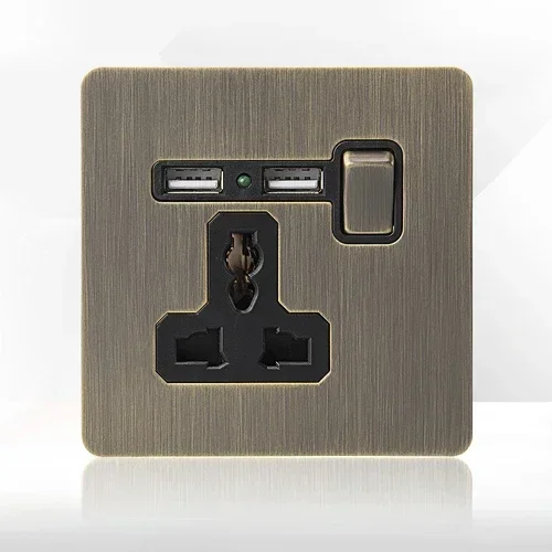 Retro Eu metalen paneel wandschakelaar lichtschakelaar stopcontact, gebronsd antiek roestvrij staal Duits 16A stopcontact met USB-telefoon opladen
