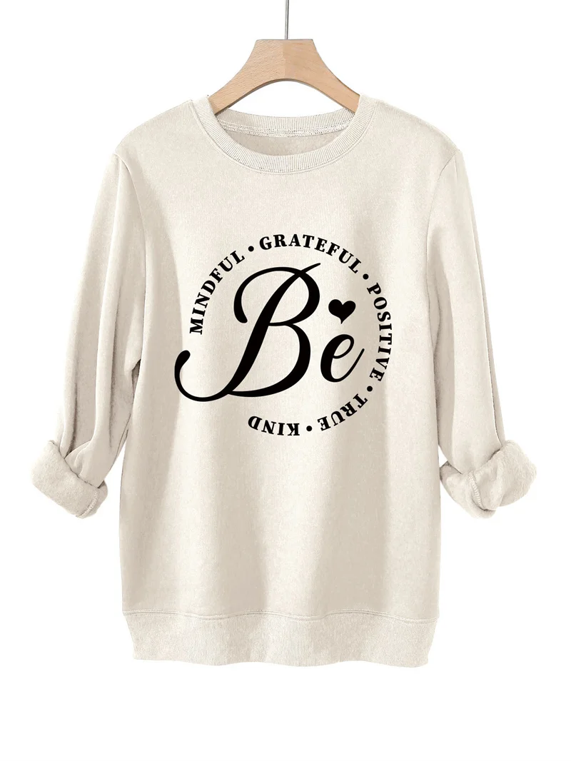New winter cotton simple warm thick mindful grateful positive pattern letter printed long sleeve vintage round neck sweatshirt