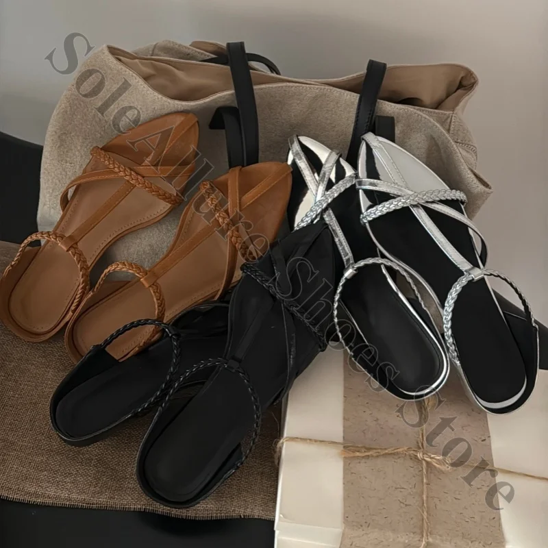 Black Braided Strap Split Pointed Toe Sandals T-Strap Ankle Wrap Flat Slip-On Slide Shoes Thin Woven Band Open Back Minimal Flat