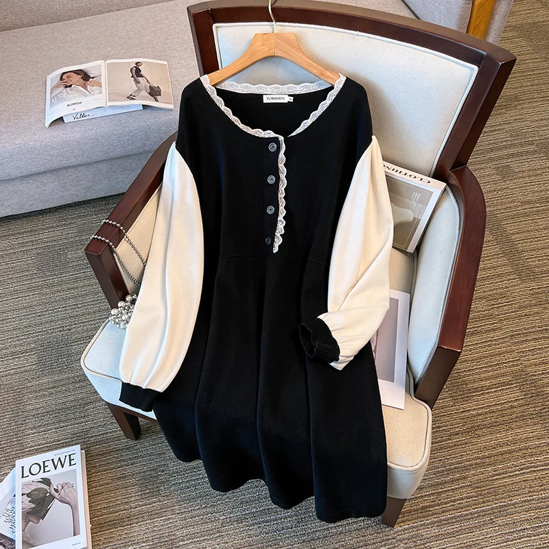 

155Kg Plus Size Women's Bust 160 Autumn Winter Mid Length Round Neck Contrasting Sweater Dress Black 4XL 5XL 6XL 7XL 8XL 9XL