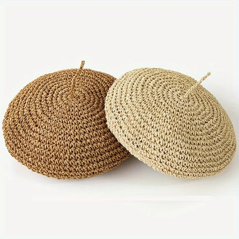 

Straw Crochet Beret Hat for Women Breathable Summer Solid Plain Color Knit Fashion Cap Boho Chic Spring Outdoor Beach Accessory
