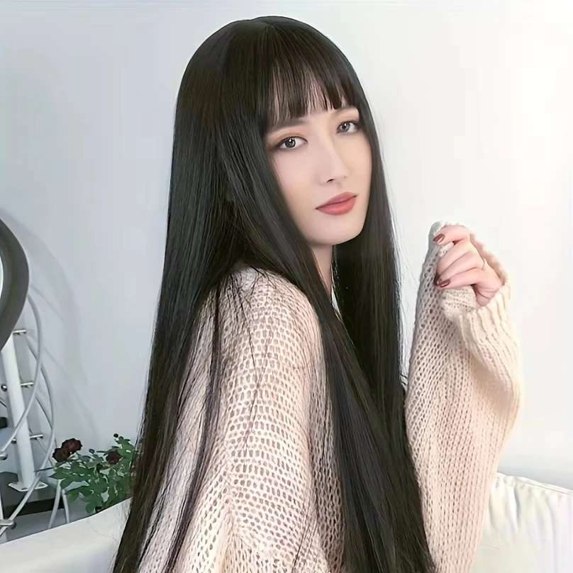 Peruca sintética de cabelo longo e reto preto para festa de Halloween peruca cosplay para uso diário, peruca acessório de cabelo de alta temperatura