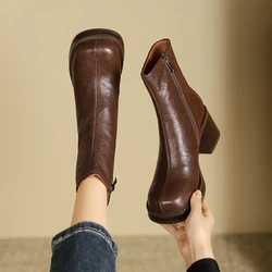 Platform Boots Square Heels Street Style Winter Shoes Woman Round Toe Cowhide Casual Shoes Spring Autumn Chelsea Boots Side Zip