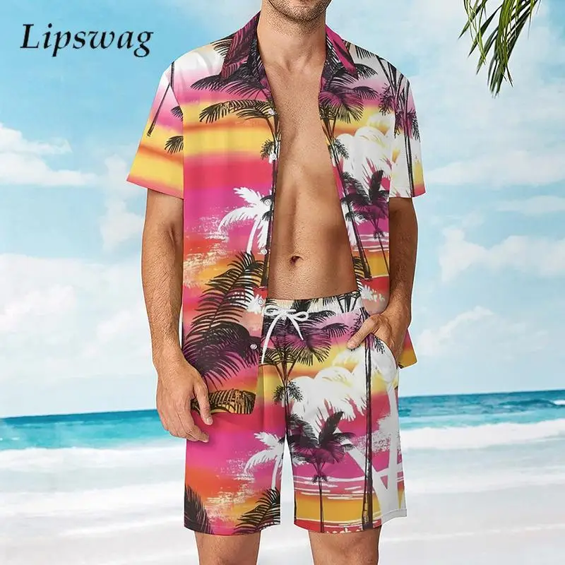 

Hawaii Style Printed Mens Two Pieces Sets Summer New Casual Short Sleeve Lapel Shirts And Shorts Beach Suits Men Leisure Outfits