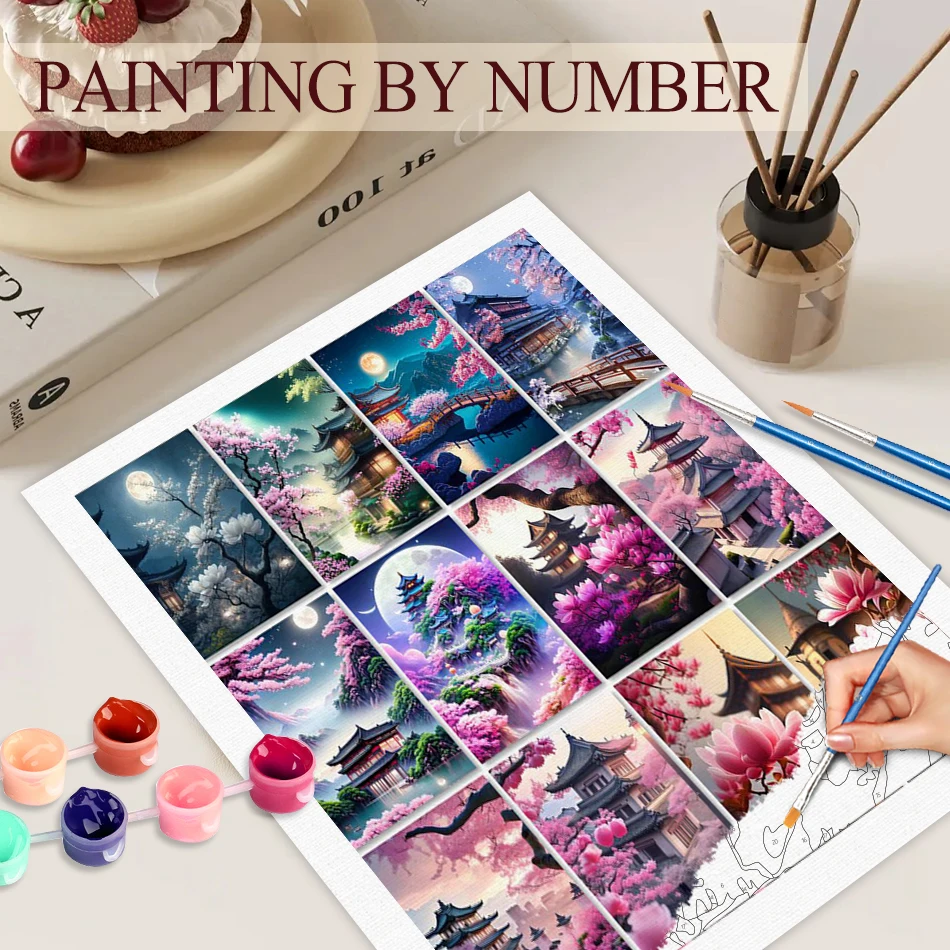 

GATYZTORY Frame Painting By Numbers Kits Sakura Pagoda Landscape Modern Drawing Coloring By Numbers Acrylic Paint For Home Decor