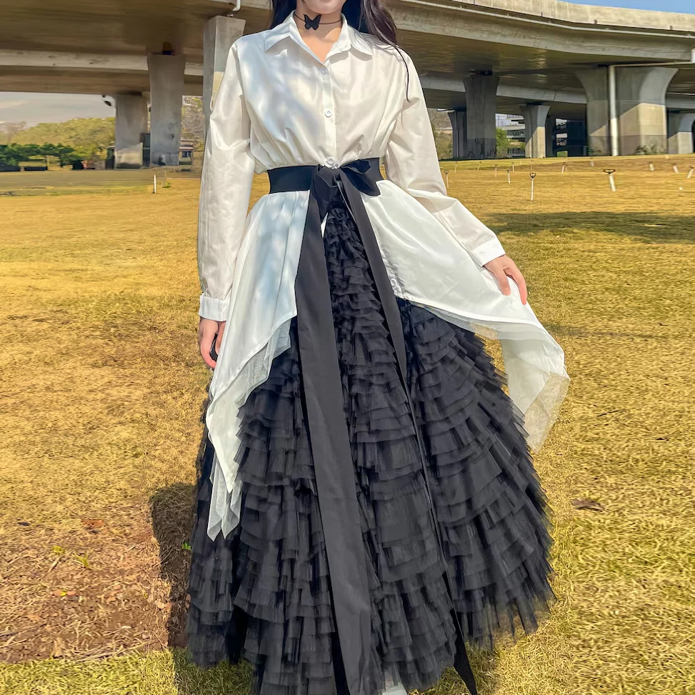 العصرية المتدرج التنانير السوداء تنورة طويلة منتفخة ماكسي الطبقات كامل طول مرونة الخصر متعدد الطبقات تنورة الكبار مع حزام القوس