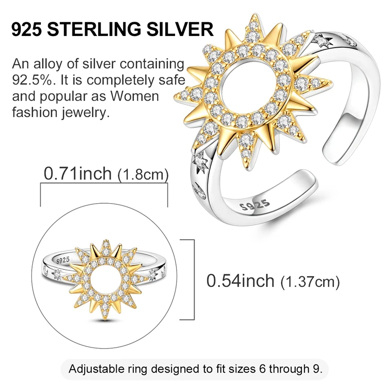 Women's 925 Sterling Silver Sun Stars Moon Open Ring