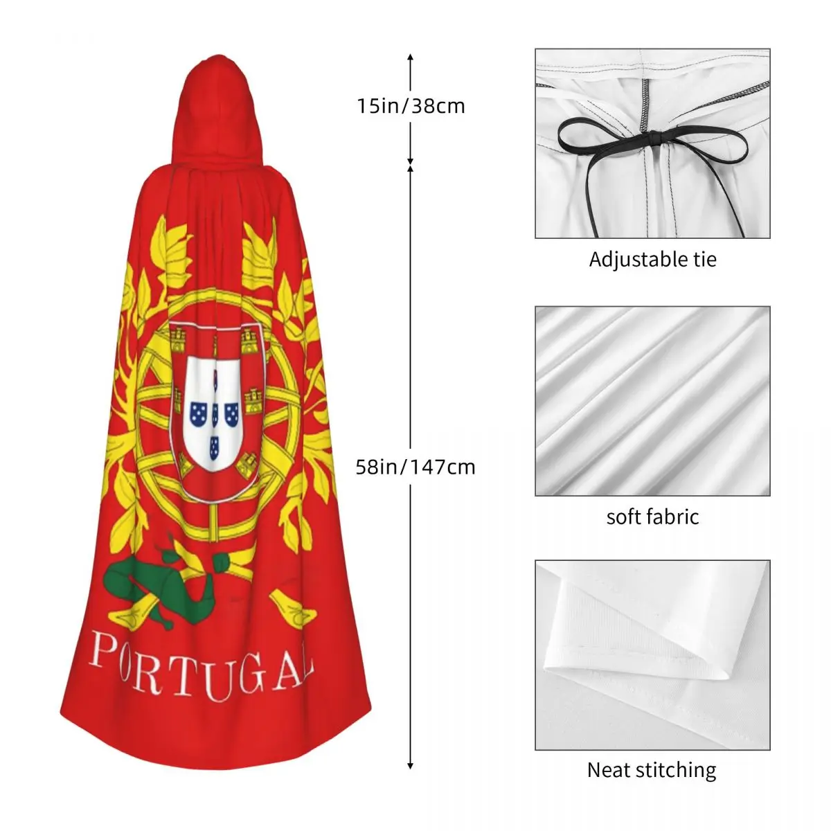 Flag Of Portugal Long Hooded Cloak Witch Medieval Costume Cosplay Cape HalloweenVampire Adult Unisex - view 4