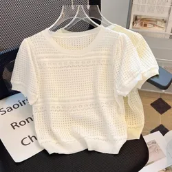 Ice Silk Knitwear Women's White Short-sleeved T-shirt with Round Neck White Crop Top  French Style Hollow Out Design 2024 New