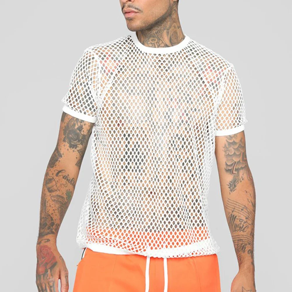 

Tee Men Shirts Comfortable High Quality T Shirts Tops Autumn Transparent Fish Net Mesh Net Nightclub See Through