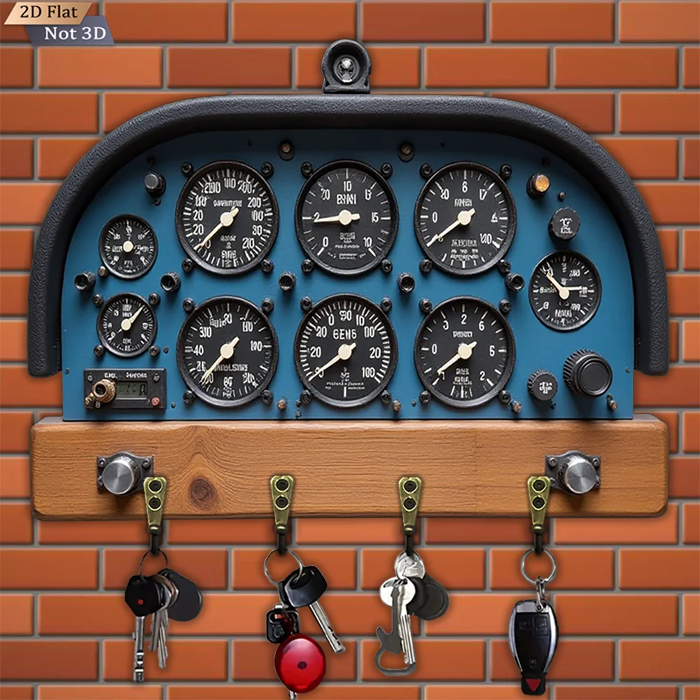 2D flach, 1 Stück, Retro-Schlüsselhaken für Luftfahrt-Instrumententafel, multifunktionaler Schlüsselhaken aus Holz für Zuhause, mit vier Metallhaken, Wand – Detail 4