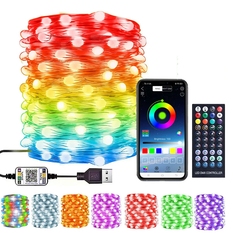 USB Smart Christmas Fairy String Lights 20M 200 LED App Programmbale RGB Copper Wire Fairy Light Rainbow Xmas Tree Twinkle Light